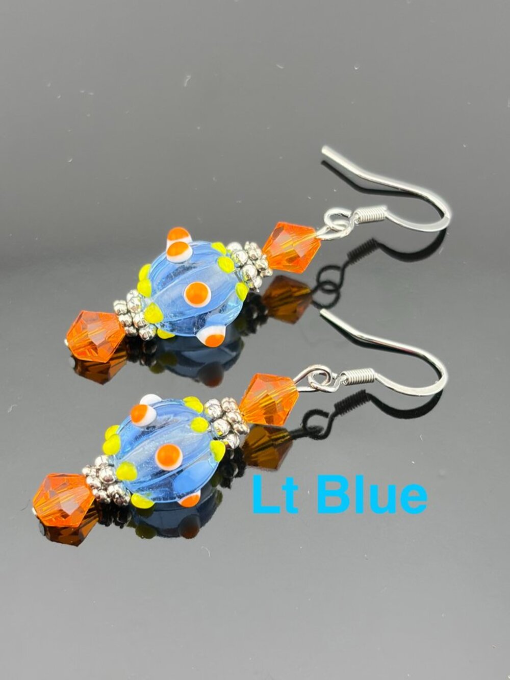 Colorful Dotted Lampwork Glass Bead Handmade Earrings LT BLUE LR241